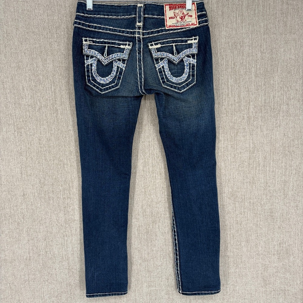 True Religion Jean Women 26 Billy Super T Low Rise Dark Wash Thick Stitch Y2K US